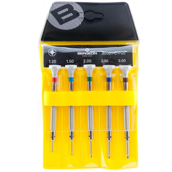 Bergeon 30081-C-P05 (5) Pieces S/S Phillips Screwdrivers in Pouch