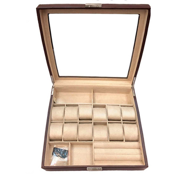 BX-803, Large Brown Watch Box with Glass Top for watches, rings, sunglasses, etc.