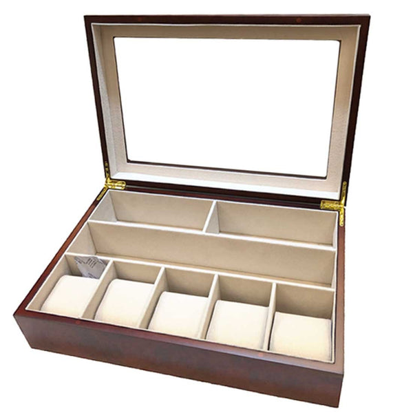 BX-806, Burgundy watch box with glass top for 5 watches and accessories