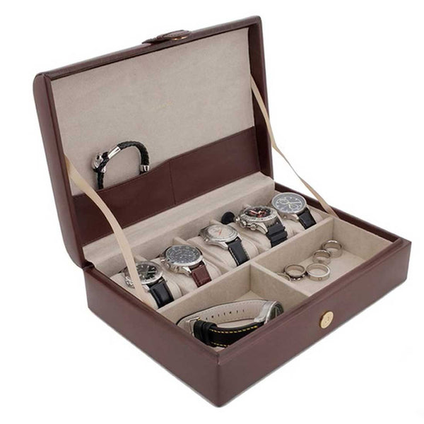 BX-807, Brown leather watch box for 5 watches and accessories