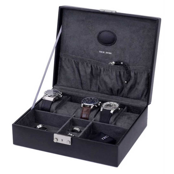 BX-808, Black leather watch box for 5 watches and accessories