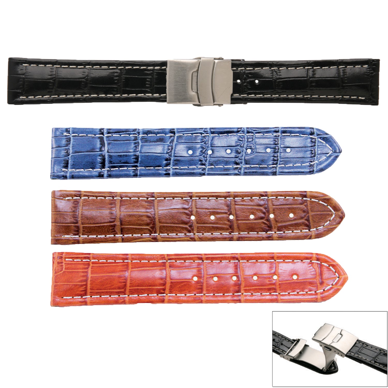 Banda No. 145A Crocodile Grain Fine Deployment Buckle Leather Straps (18mm~24mm)