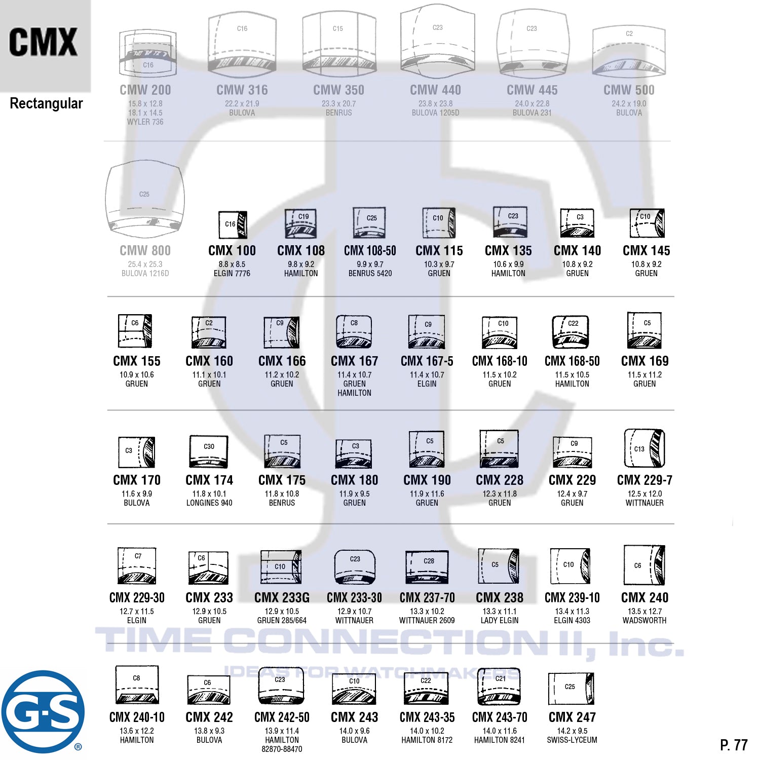 G-S RECTANGULAR (CMX) MILITARY CYLINDER FANCY CRYSTALS - PLASTIC CURVED LOWER EDGE