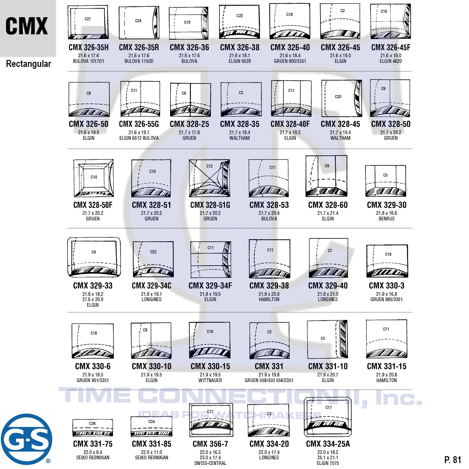 G-S RECTANGULAR (CMX) MILITARY CYLINDER FANCY CRYSTALS - PLASTIC CURVED LOWER EDGE