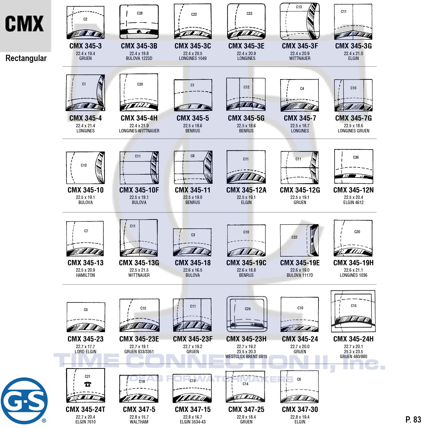 G-S RECTANGULAR (CMX) MILITARY CYLINDER FANCY CRYSTALS - PLASTIC CURVED LOWER EDGE