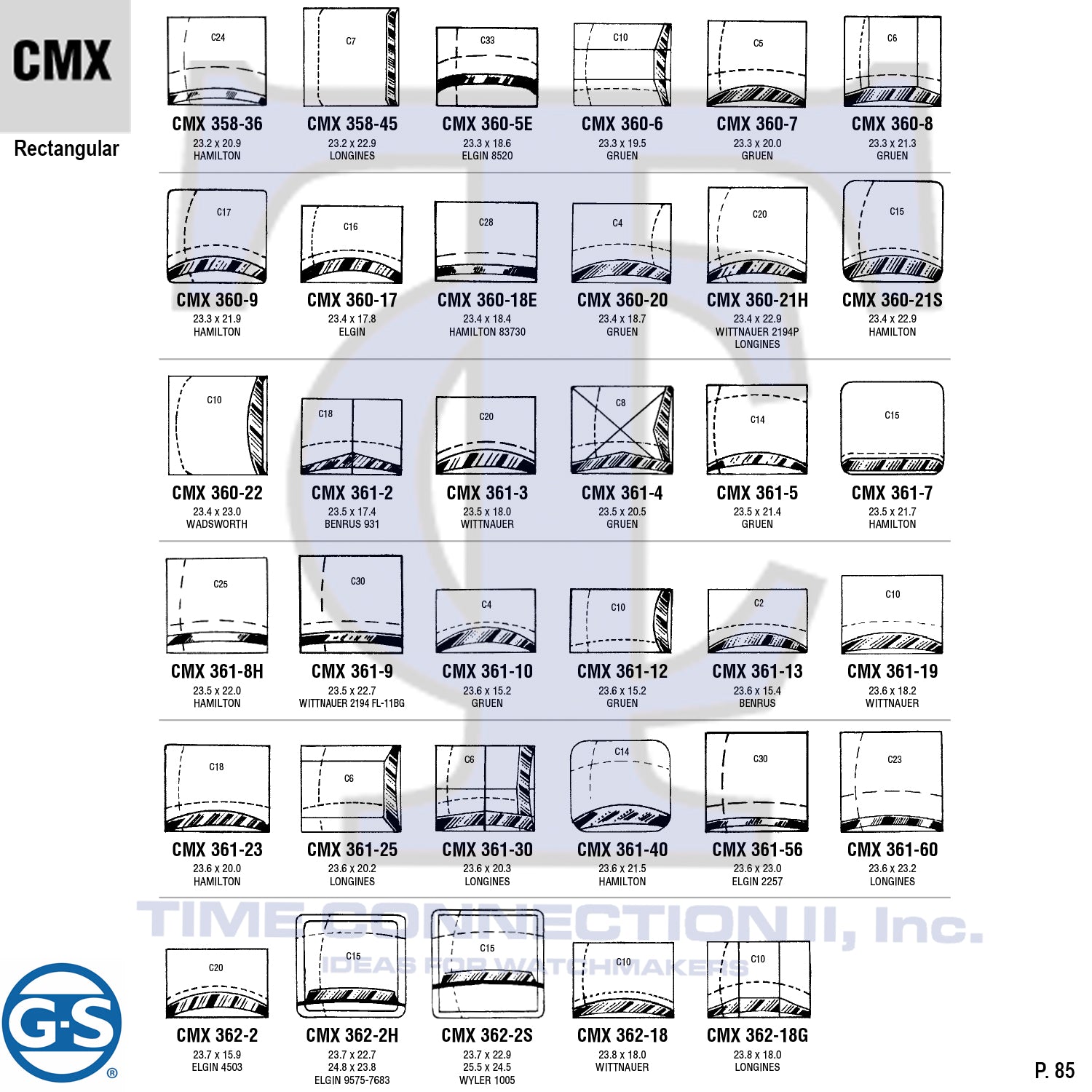 G-S RECTANGULAR (CMX) MILITARY CYLINDER FANCY CRYSTALS - PLASTIC CURVED LOWER EDGE