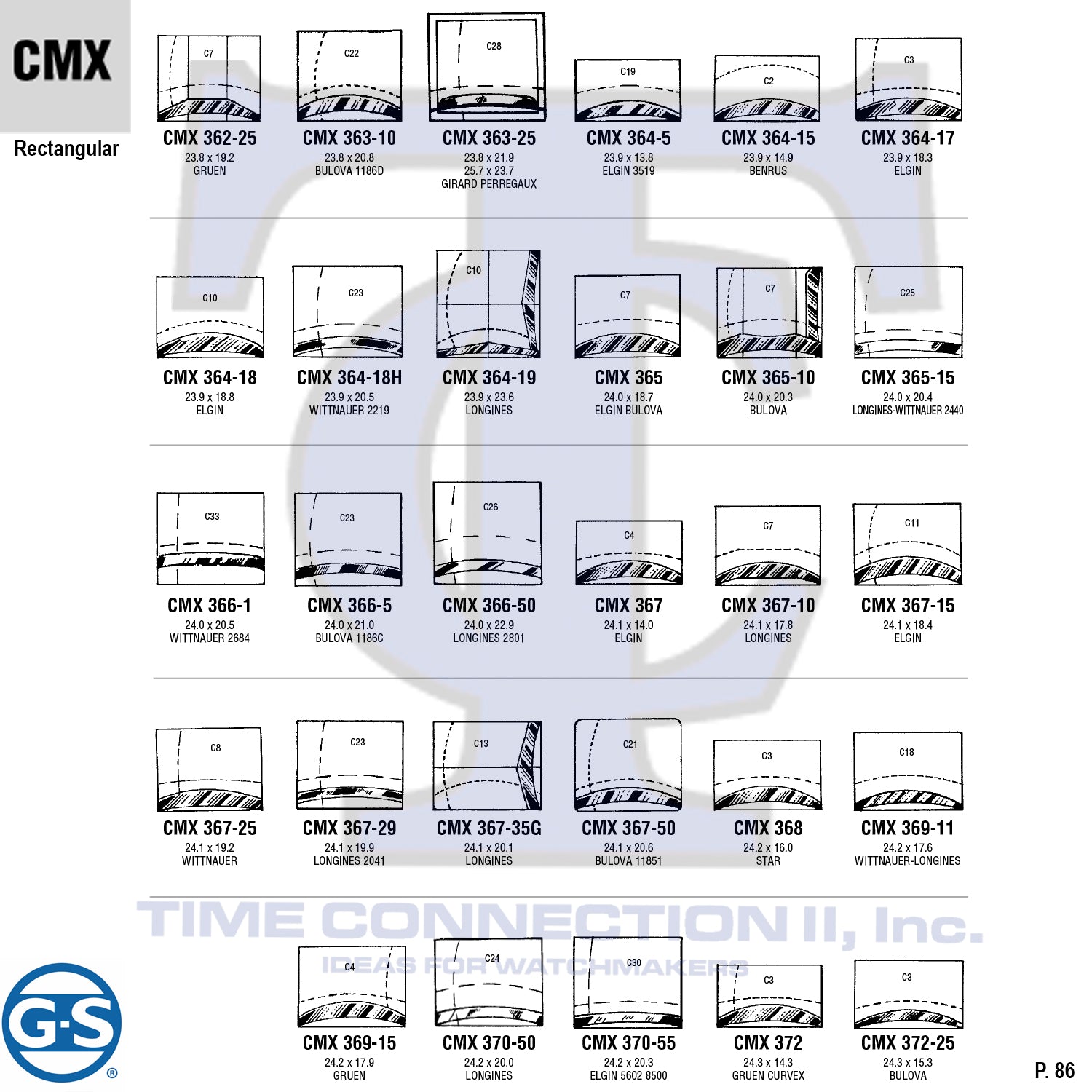 G-S RECTANGULAR (CMX) MILITARY CYLINDER FANCY CRYSTALS - PLASTIC CURVED LOWER EDGE