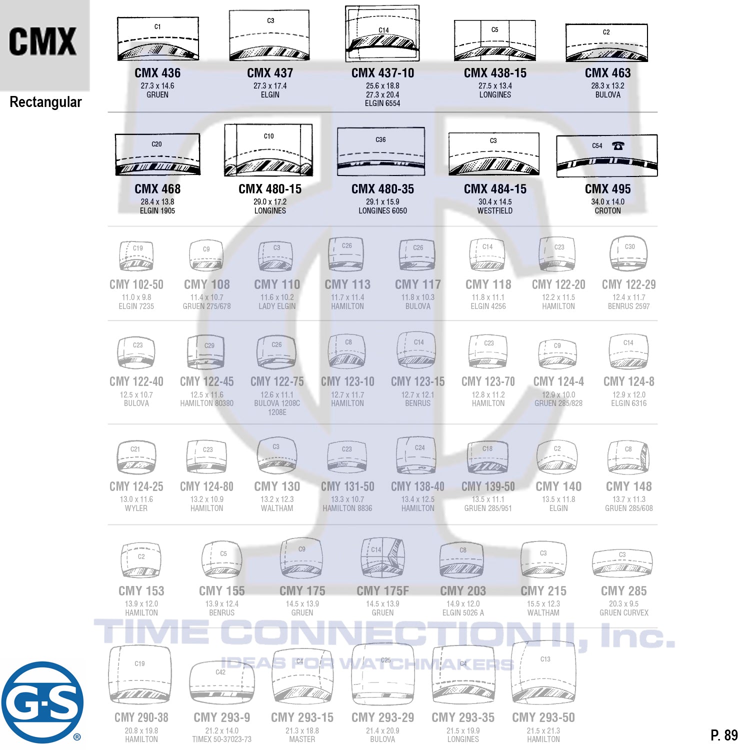 G-S RECTANGULAR (CMX) MILITARY CYLINDER FANCY CRYSTALS - PLASTIC CURVED LOWER EDGE
