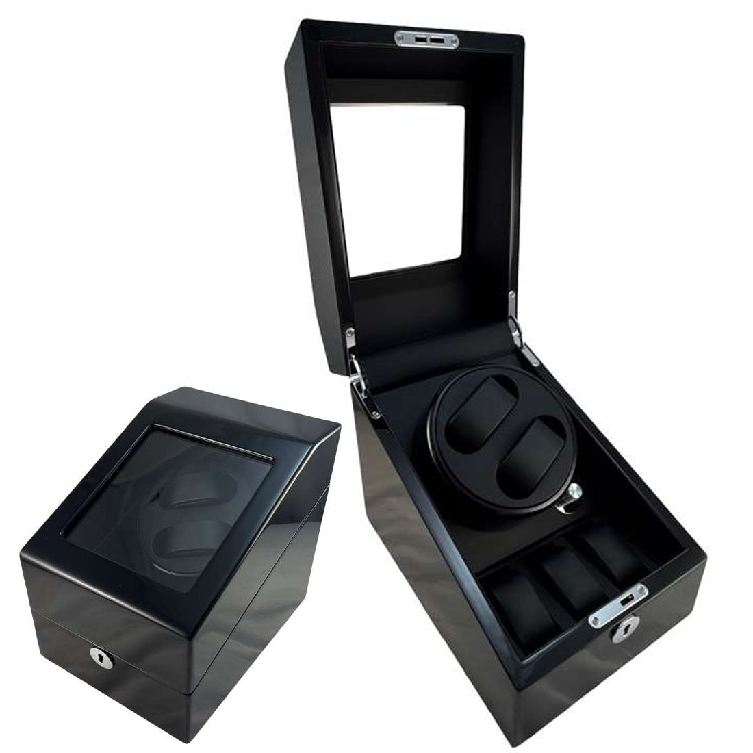 BX-636, Double (2) Watch Winder Glossy Black MDF Smooth Finish + 3 Watch Storage