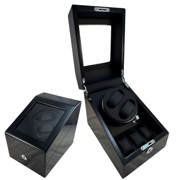 BX-636, Double (2) Watch Winder Glossy Black MDF Smooth Finish + 3 Watch Storage
