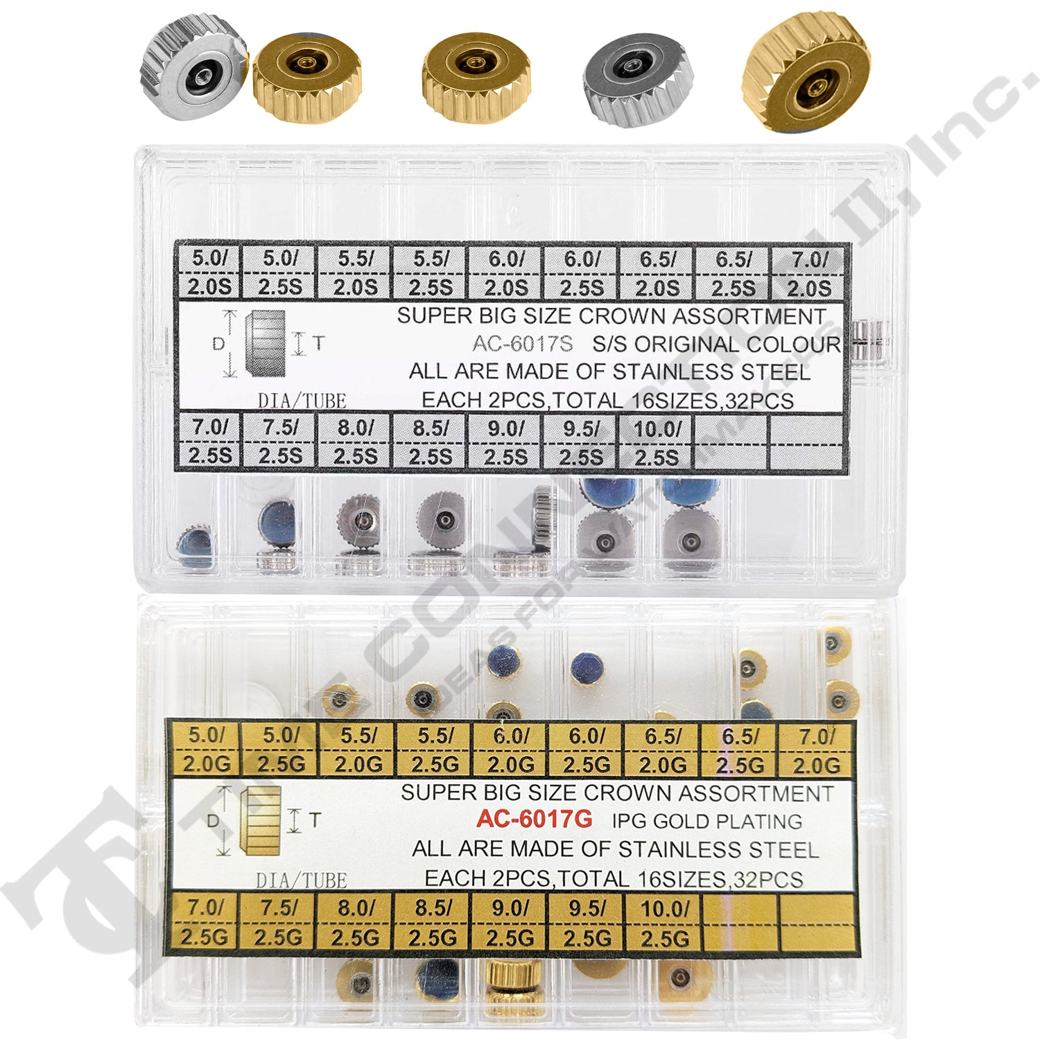 CR-T6017A, Chronograph Button Watch Crown Yellow & Stainless Steel Assortment (64 Pieces)