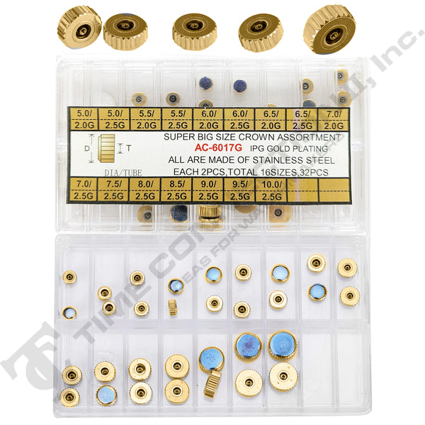 CR-T6017G, Chronograph Button Watch Crown Yellow Stainless Steel Assortment (32 Pieces)