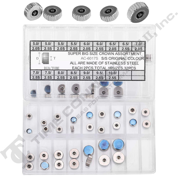 CR-T6017S, Waterproof Watch Crown Stainless Steel Assortment (32 Pieces)