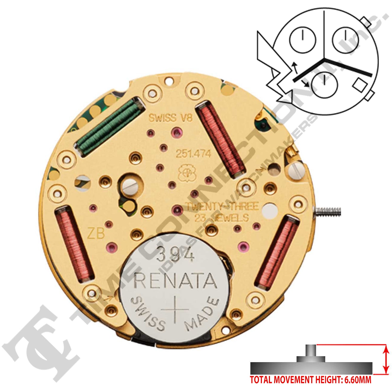 ETA 251.474 3 Hands Swiss Made Quartz Movement Ht. 6.60MM (Various Dates)