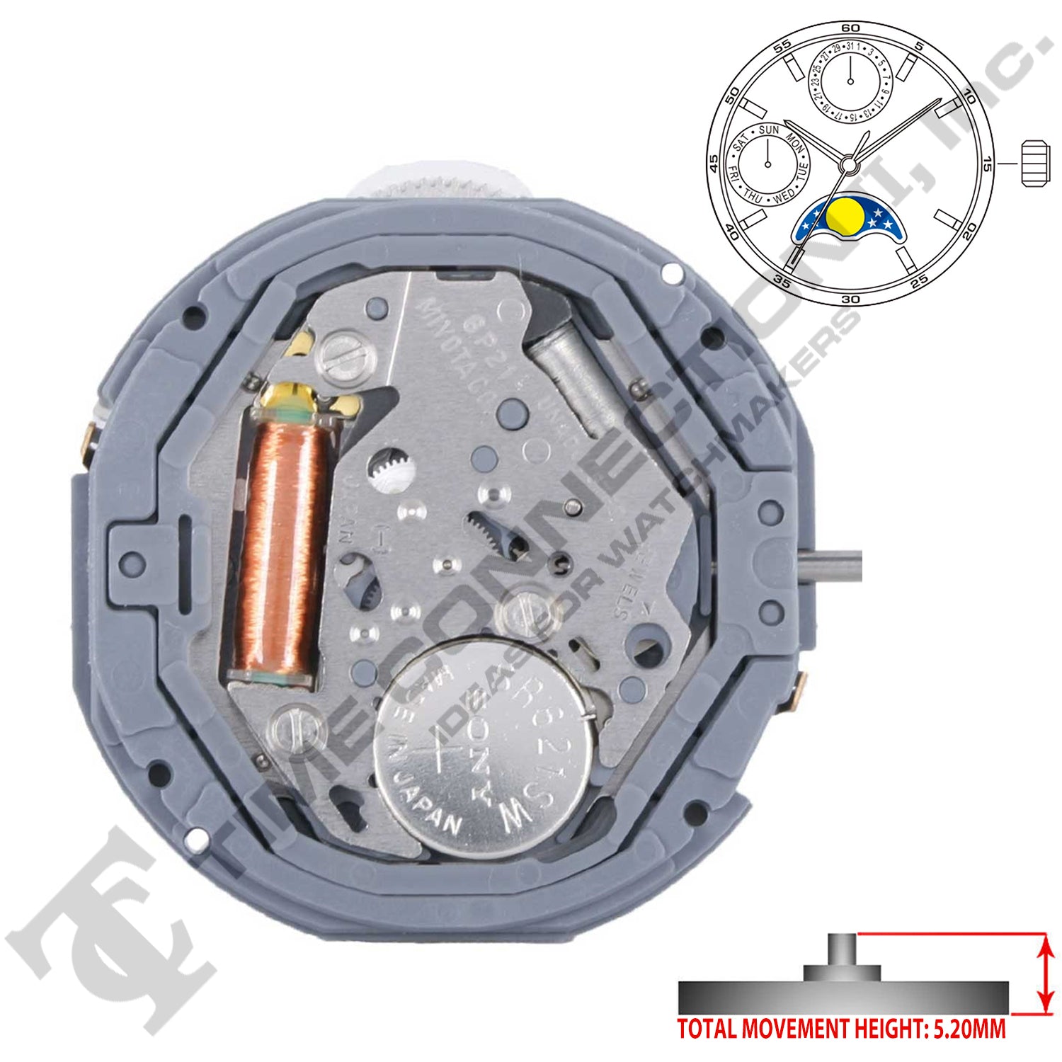 Miyota Citizen LTD 6P21 3 Hands Japan Quartz Movement Ht. 5.20MM Time Connection II Inc
