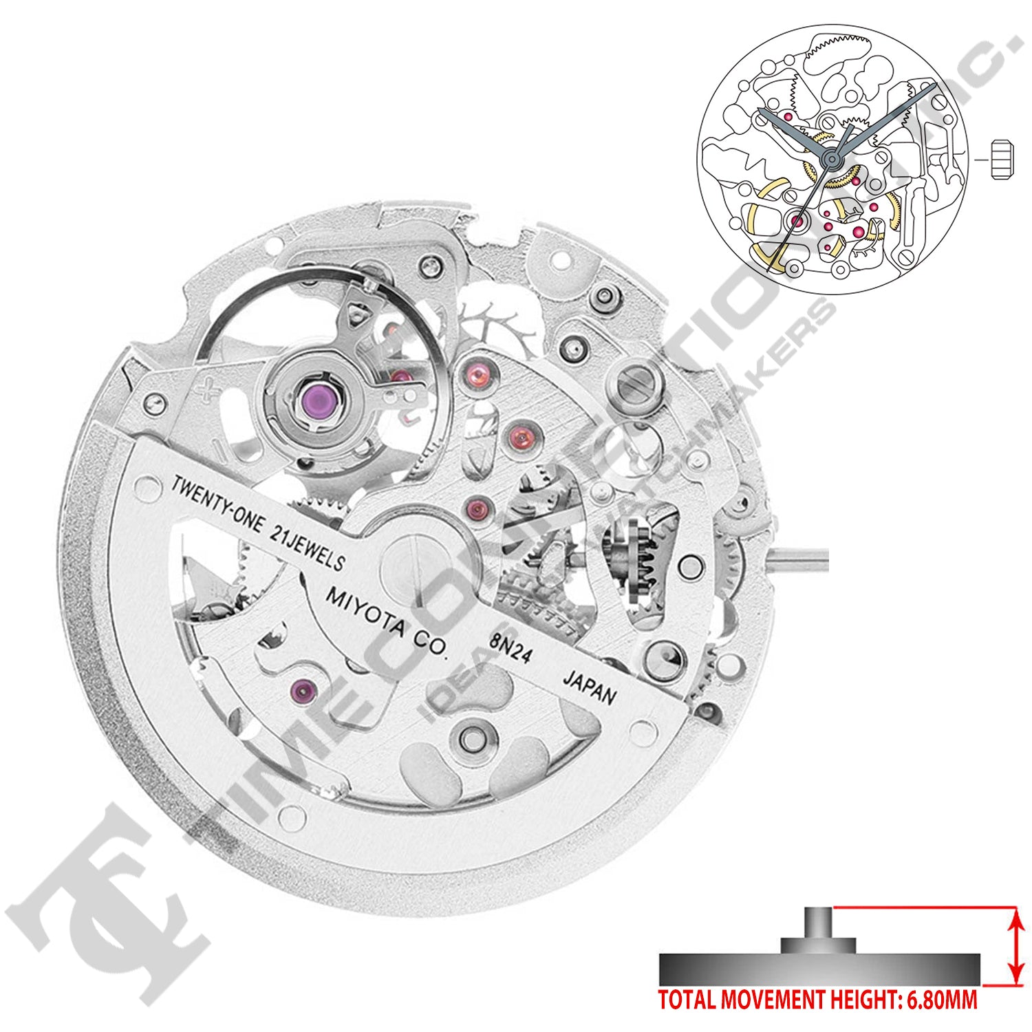 Miyota/Citizen LTD 8N24 Stainless Steel Japan Automatic Movement Ht. 6.8MM
