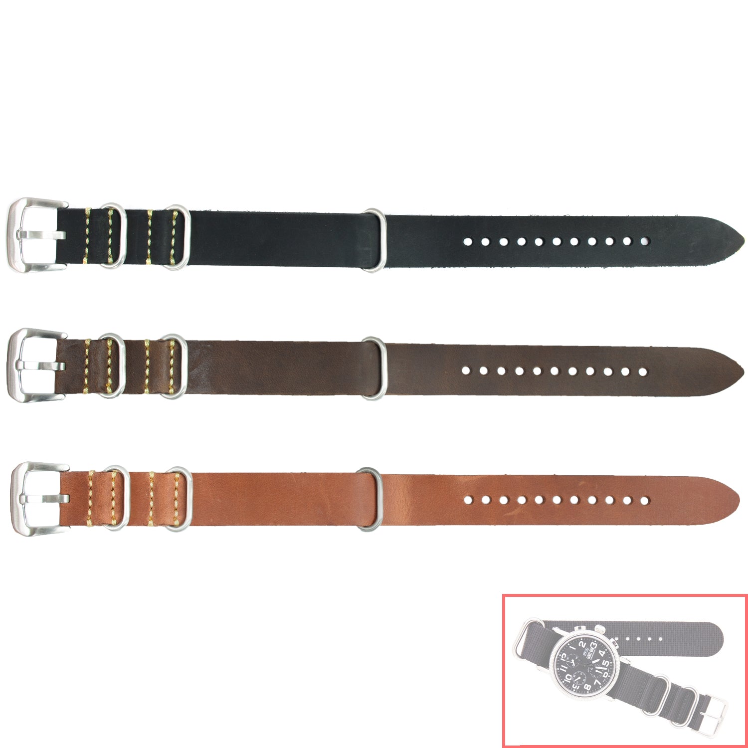 NSL No. 502 Genuine Leather Nato Style Straps with Brush Buckle  (20mm x 20mm)