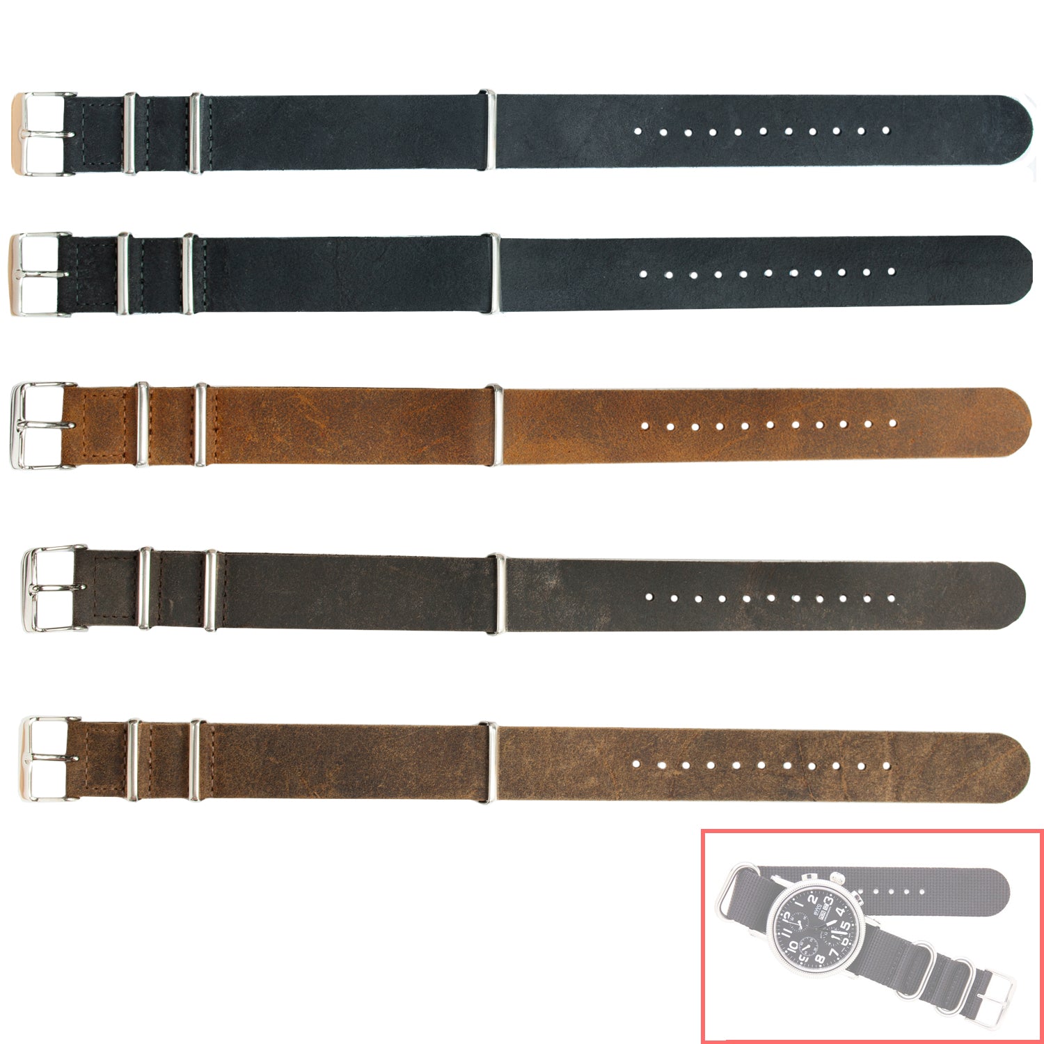 NSL No. 503 Genuine Leather Nato Style Straps with Steel Buckle  (20mm x 20mm)