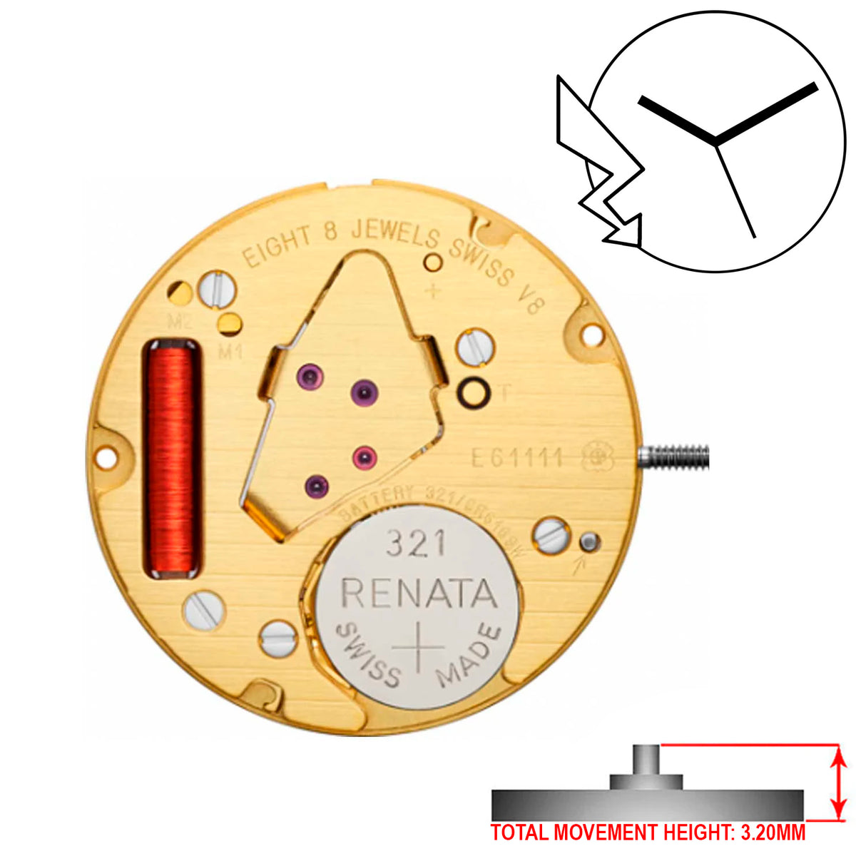 ETA E61.111 3 Hands Swiss Made Quartz Movement Ht. 3.20MM (Various Dat ...