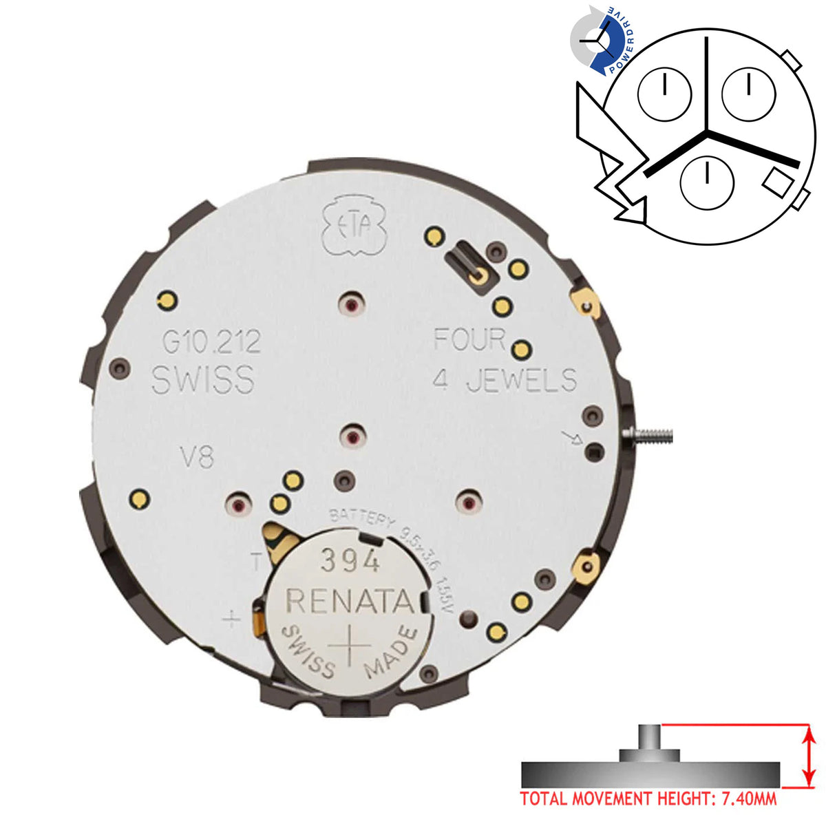 ETA G10.212 3 Hands Swiss Made Chronograph Movement Ht. 7.40MM (Variou ...