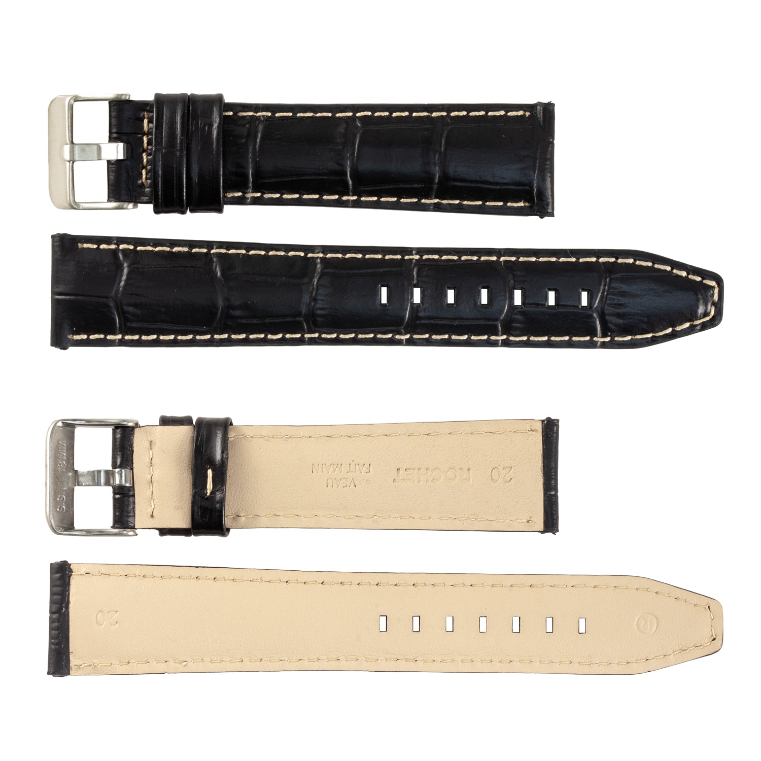 ZRC No. 559 Long Alligator Grain Fine Leather Straps with Contrast Stitching (18mm ~ 24mm)