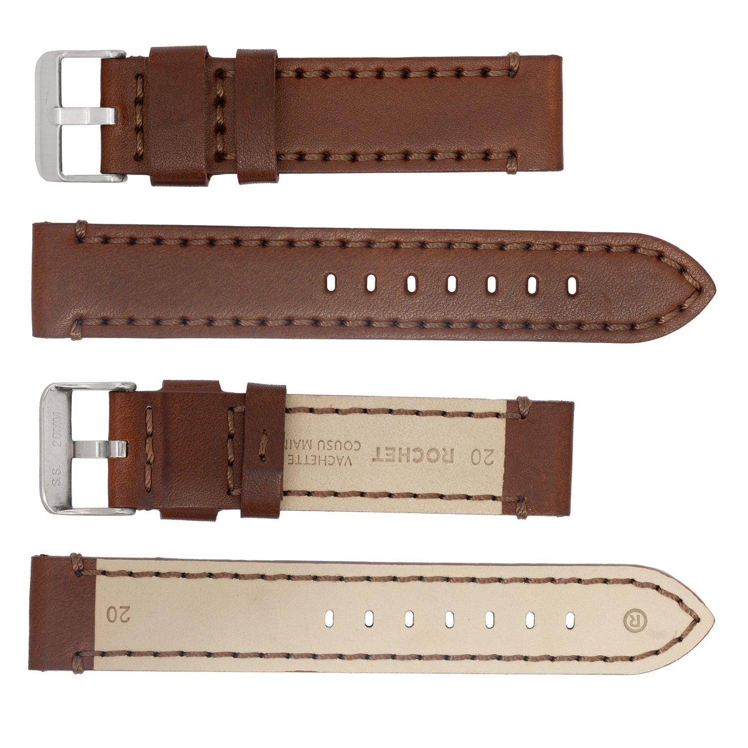 ROCHET ZRC No. 743 Ingrassata Cowhide Leather Straps with Heavy Stitching (20mm~24mm)
