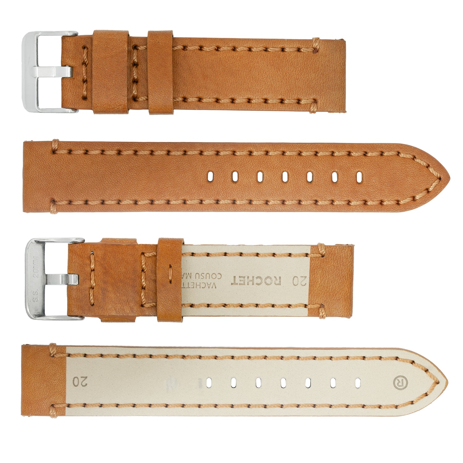 ROCHET ZRC No. 743 Ingrassata Cowhide Leather Straps with Heavy Stitching (20mm~24mm)