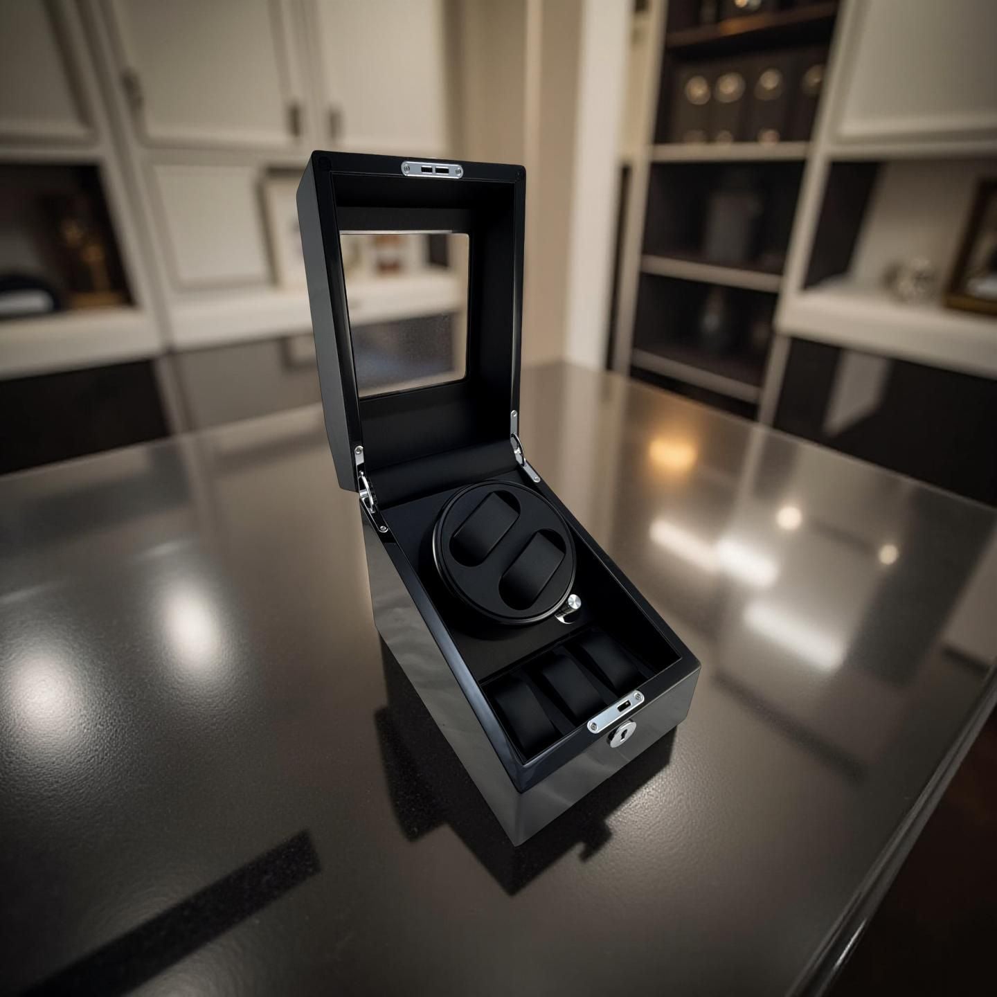 BX-636, Double (2) Watch Winder Glossy Black MDF Smooth Finish + 3 Watch Storage