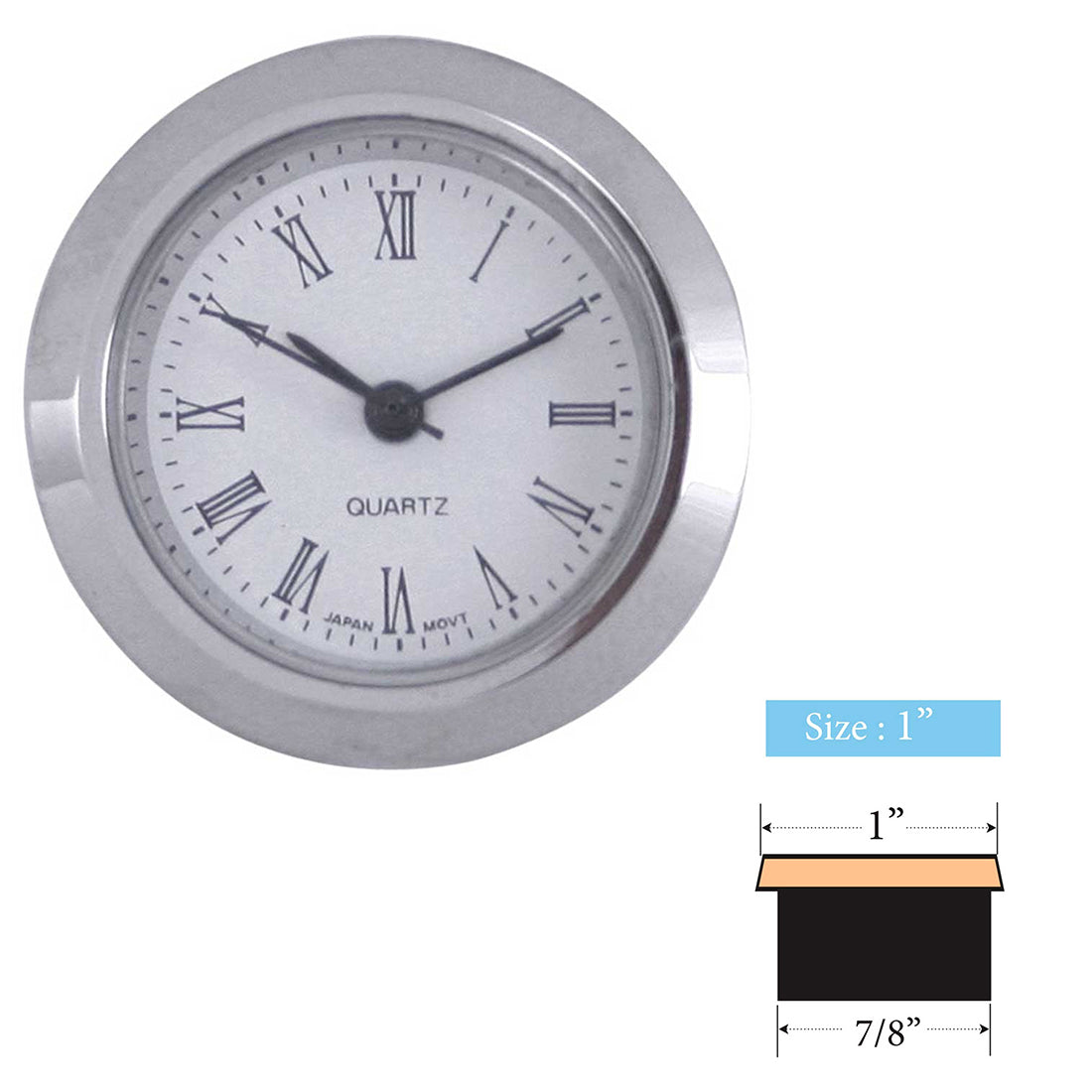 Clock Inserts 25mm (1") Chrome Bezel, White Roman Dial