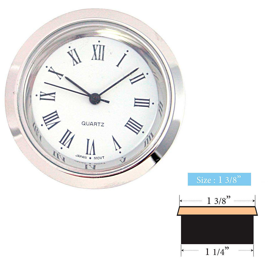 Clock Inserts 35mm (1 3/8") Chrome Bezel, White Roman Dial