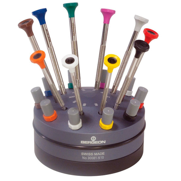 Bergeon 30081-S10 Stainless Steel Screwdrivers in Rotating Stand