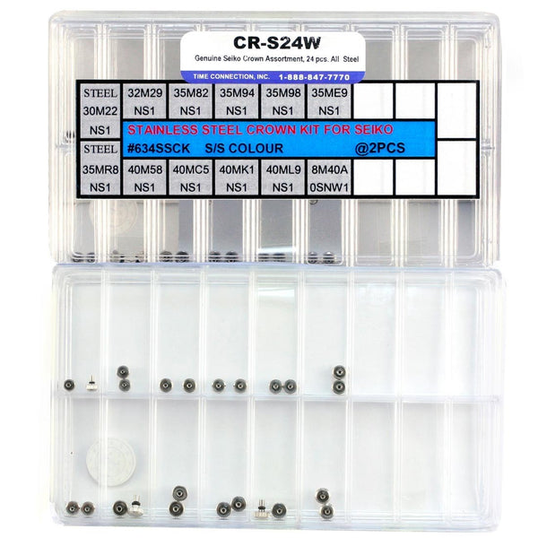 CR-S24W, Genuine Seiko Stainless Steel Crowns Assortment (Set of 24 Pieces)