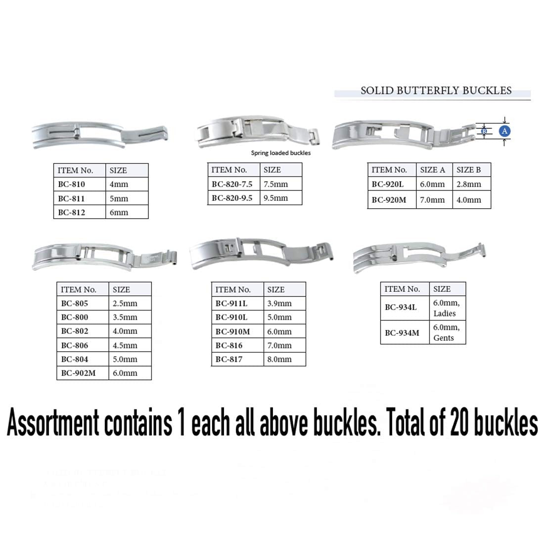 Solid Butterfly Buckle Assortment, Total of 20 Buckles