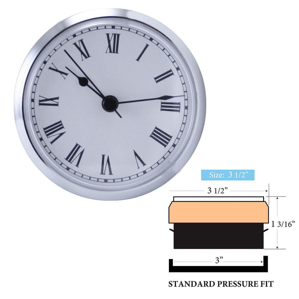Clock Inserts 90mm (3 1/2") Chrome Bezel, White Roman Dial