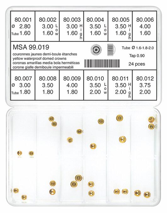 Horotec MSA99.019 Assortment of Yellow Stainless Steel Waterproof Domed Crowns, Tap 0.90mm (24 Total Pieces)