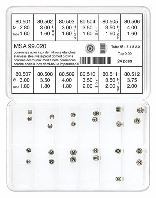 Horotec MSA99.020 Assortment of Stainless Steel Waterproof Domed Crowns, Tap 0.90mm (24 Total Pieces)