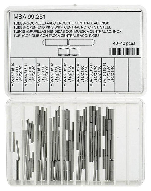 Horotec MSA99.251 Assortment of Stainless Steel Tubes + Open-End Pins with Central Notch (40+40 Pieces)