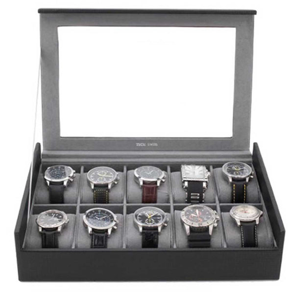 BX-804, Black carbon fiber watch box with glass top for 10 watches