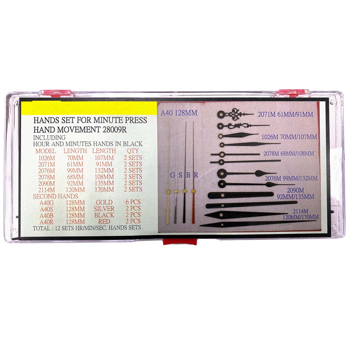 12 Sets of Clock Hands and 12 Sweep Second Hands for Seiko Press-On Movements